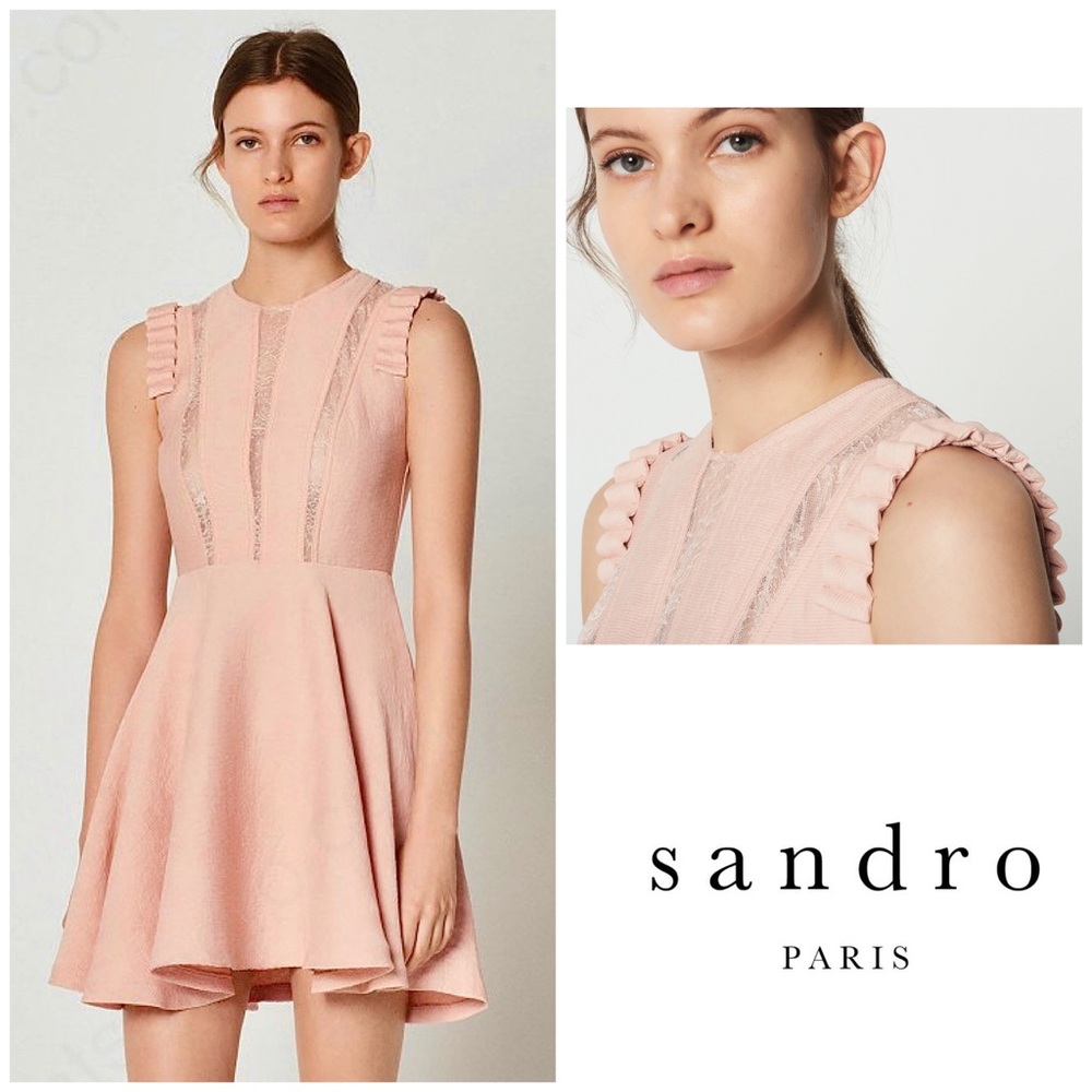 NWOT Sandro Paris Lace Inset Ruffle Dress in Blush FR 36; US 2-4 / Small
